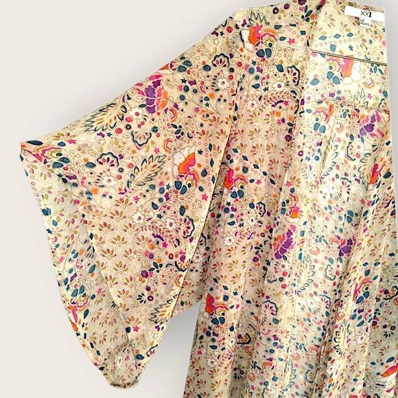 XXI LA Womens Coverup Sz Small Sheer Floral Beige Kimono Midi Beach Coastalcore - Picture 5 of 8